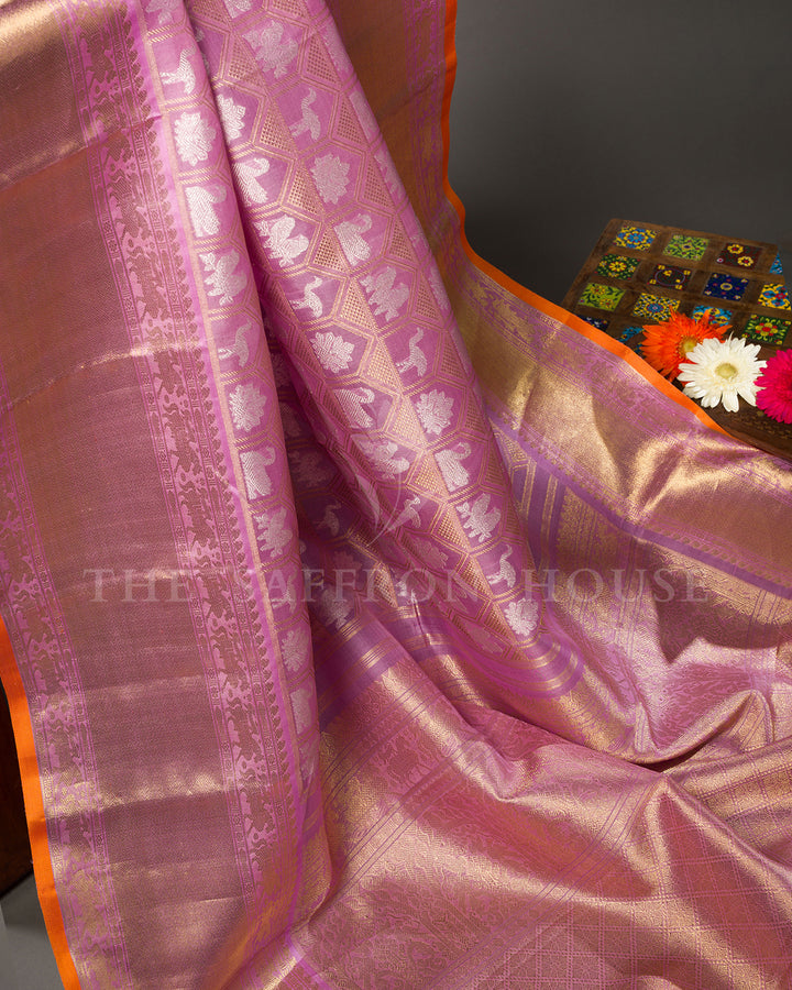 Orchid Lilac Kora Kanchivaram Silk Saree with Gold and Silver Zari Elephant Jaal