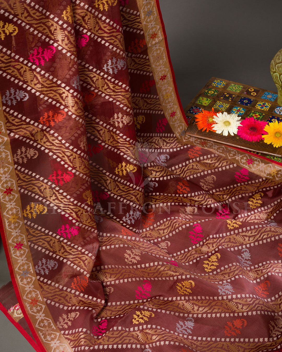 Rosewood Maroon Kora Jamdani Saree with Zari Vines and Multicoloured Butas
