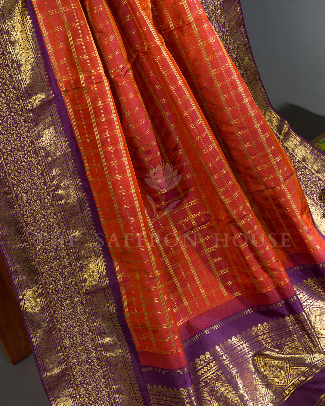 Orange & Purple Hand Embroidered Kanchivaram Silk Saree