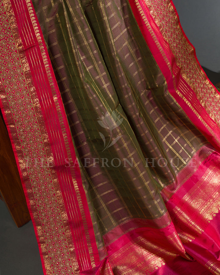 Olive Green & Pink Hand Embroidered Kanchivaram Silk Saree