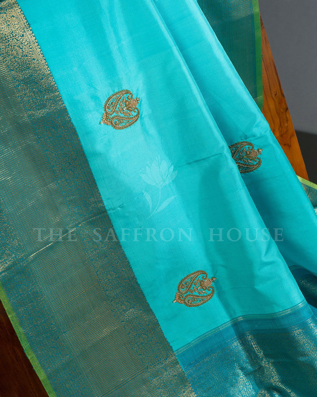Sky Blue & Teal Hand Embroidered Kanchivaram Silk Saree