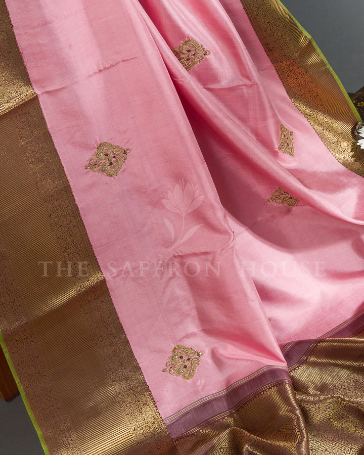 Baby Pink & Maroon Hand Embroidered Kanchivaram Silk Saree