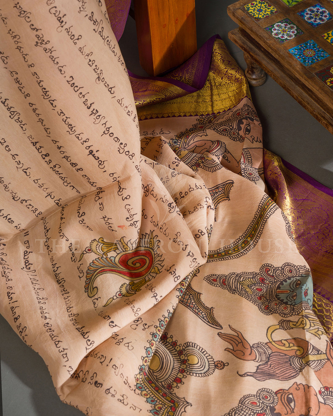 Peach & Purple Hand Painted Kalamkari Kanchivaram Silk Saree