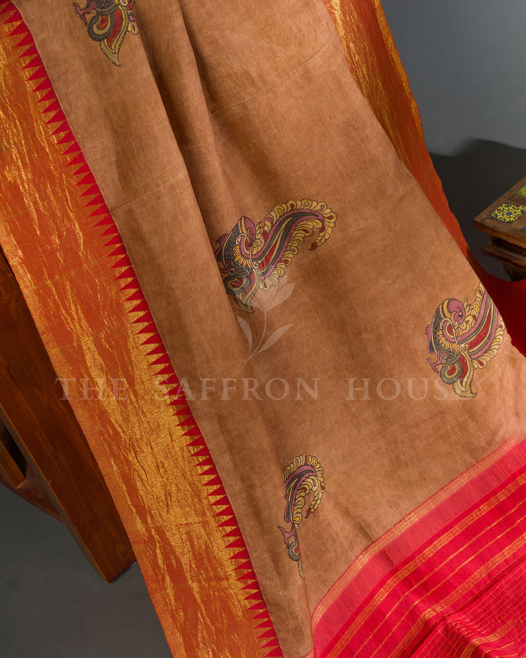 Brown & Red Hand Painted Kalamkari Kanchivaram Silk Saree