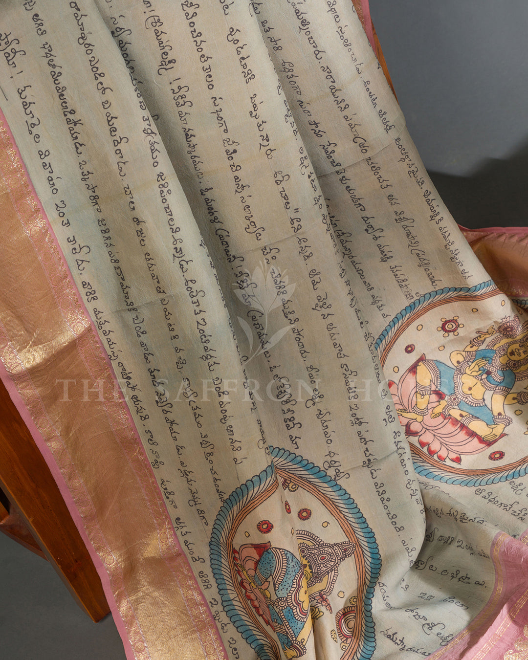 Beige & Pink Ashta Lakshmi Kalamkari Kanchivaram Silk Saree
