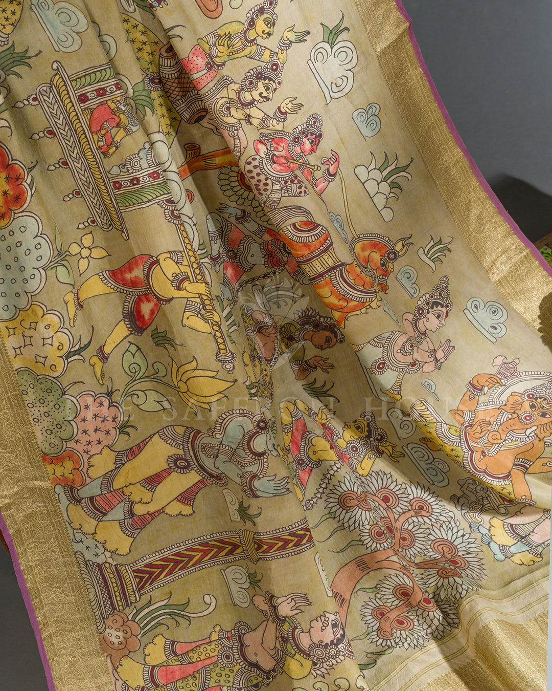 Cream & Gold Village Festival Kalamkari Kanchivaram Silk Saree