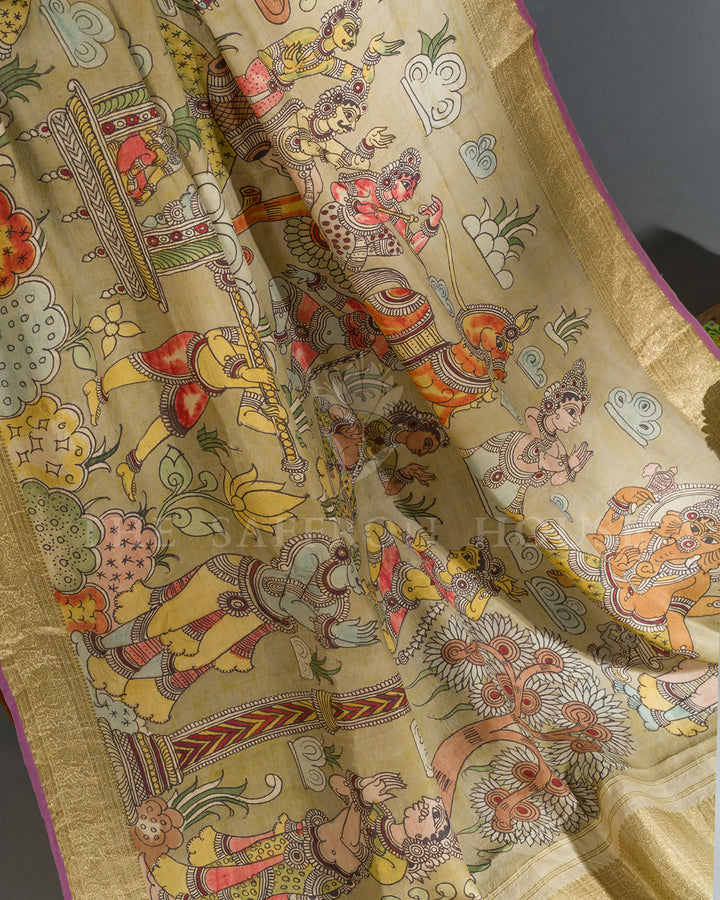 Cream & Gold Village Festival Kalamkari Kanchivaram Silk Saree