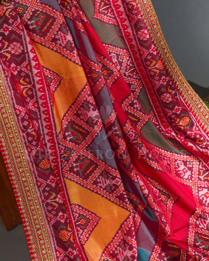 Red Hand Embroidered Border Ikat Silk Saree