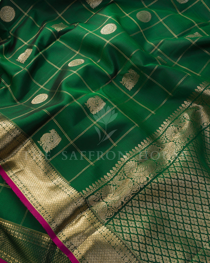 Bottle Green Kanchivaram Silk Saree with Zari Checks