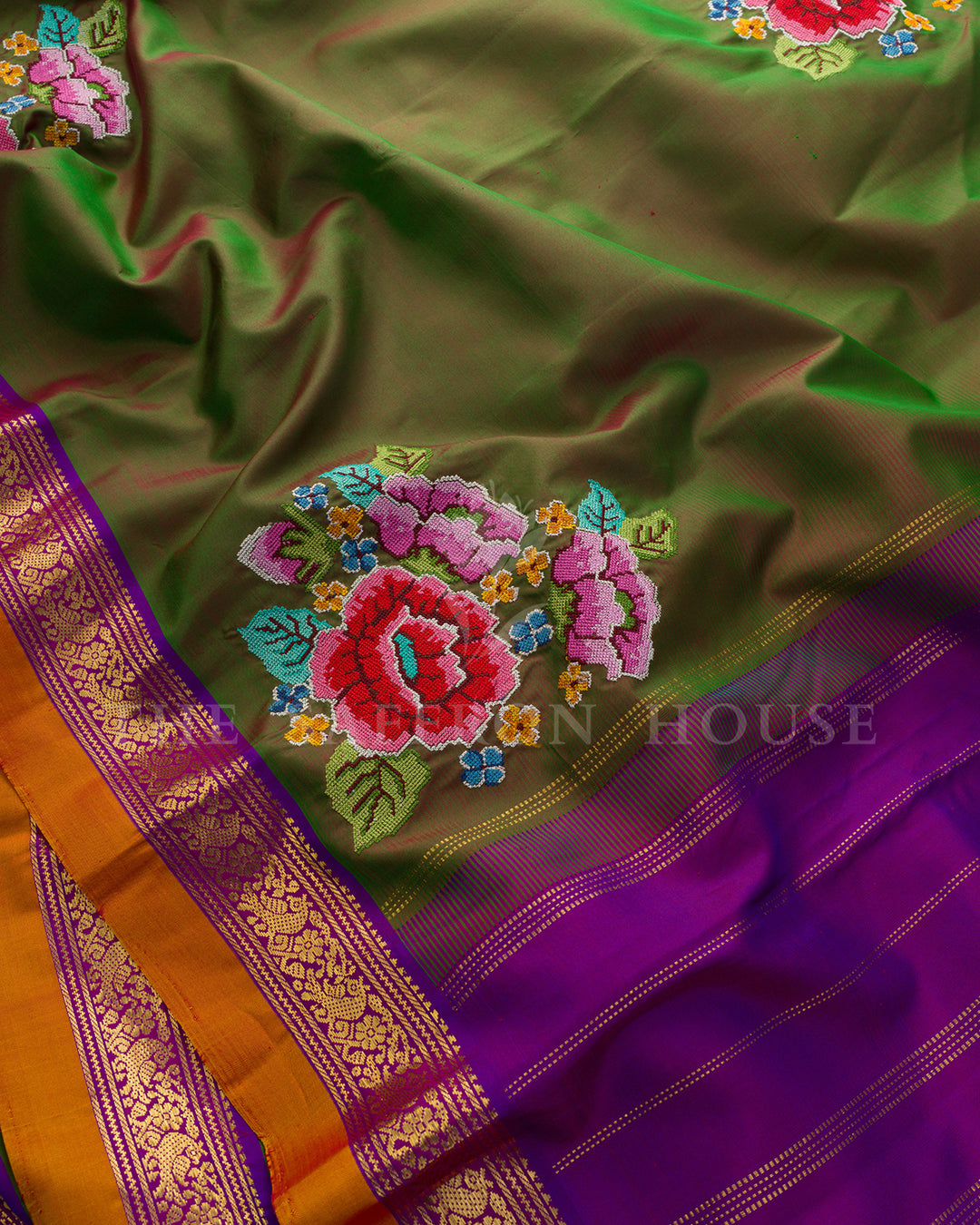 Olive Green & Purple Embroidered Kanchivaram Silk Saree