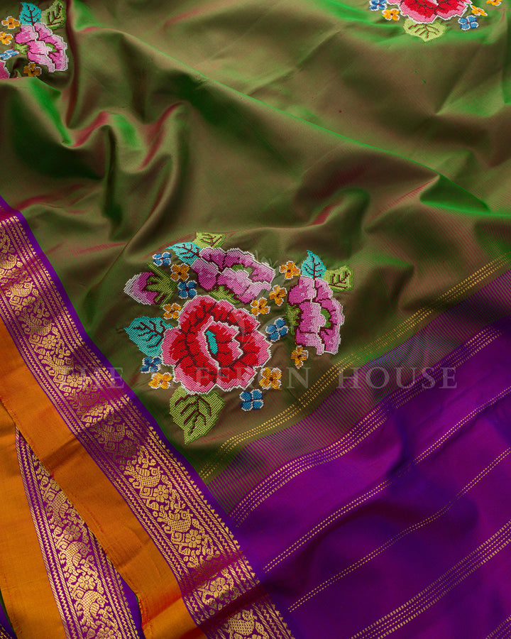 Olive Green & Purple Embroidered Kanchivaram Silk Saree
