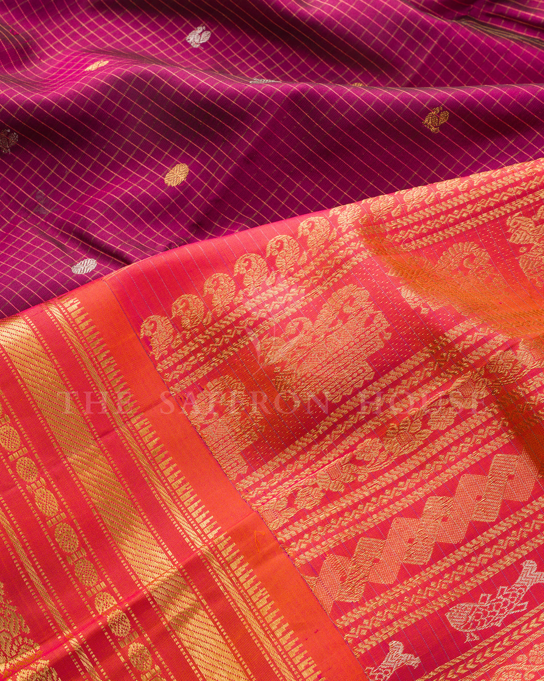 Magenta & Coral Gadwal Silk Saree