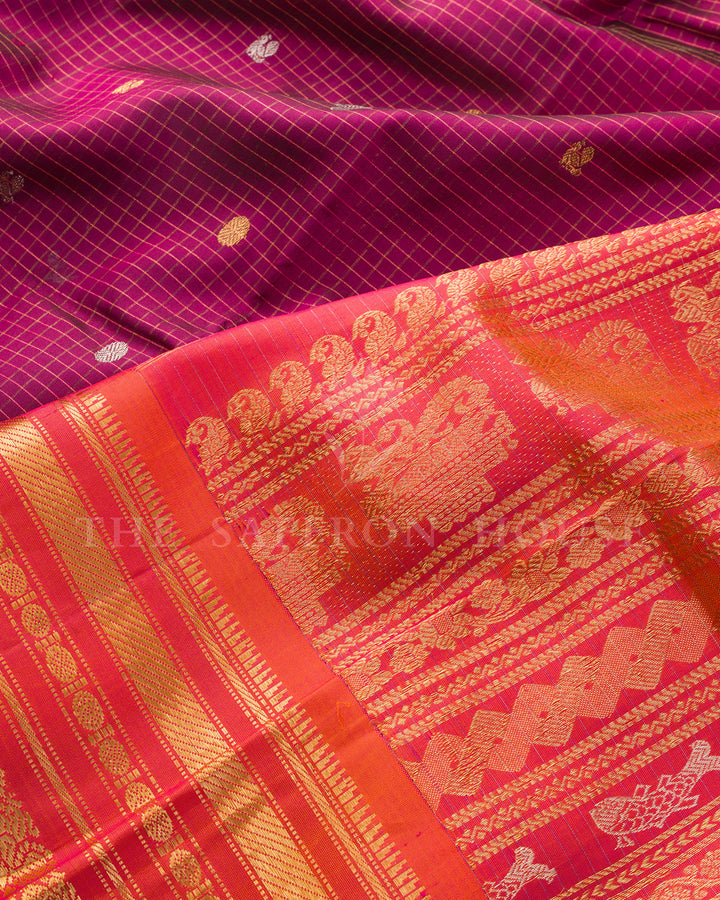 Magenta & Coral Gadwal Silk Saree
