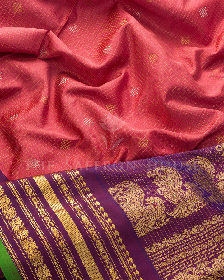 Coral Pink & Purple Gadwal Silk Saree