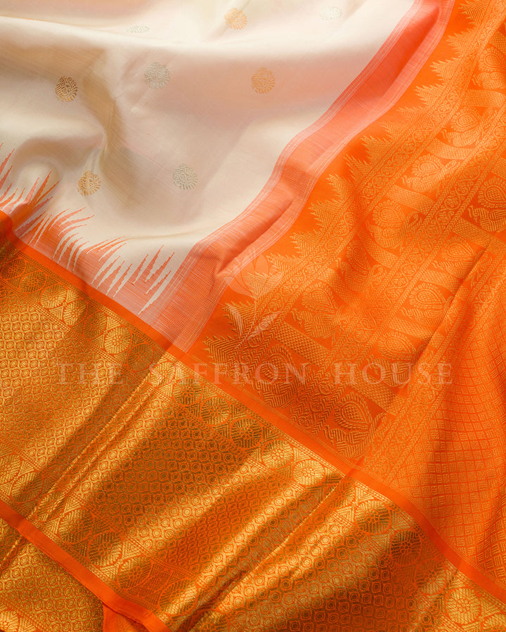 Off-White & Orange Korvai Kanchivaram Silk Saree – view 4