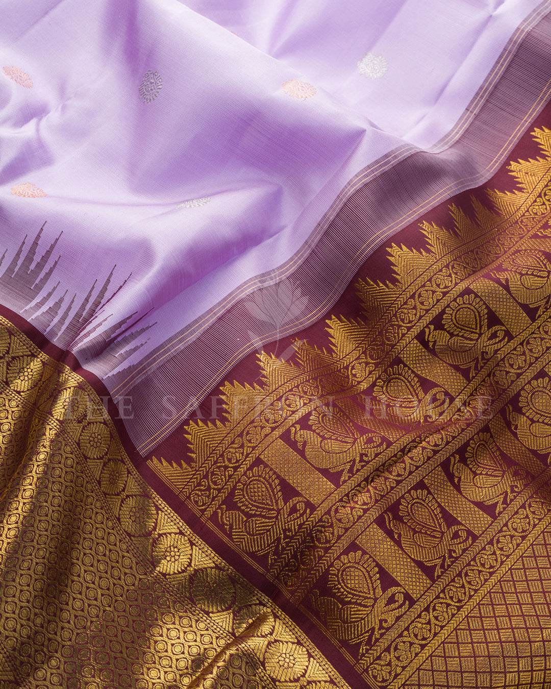 Lavender & Maroon Korvai Kanchivaram Silk Saree with Temple Border – view 4