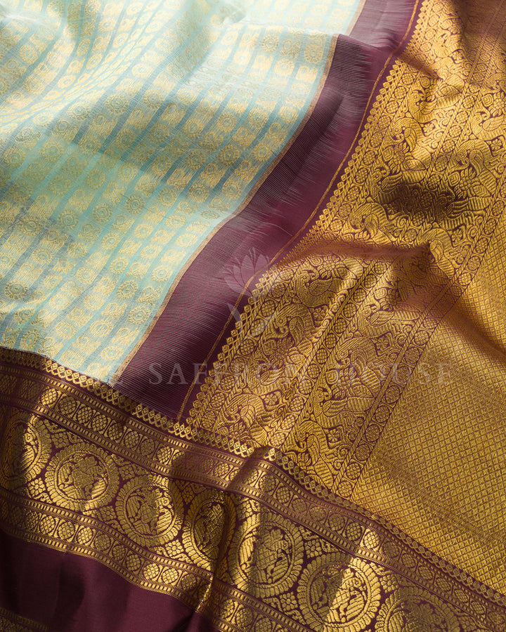 Pastel Green & Maroon Kora Kanchivaram Silk Saree – view 4