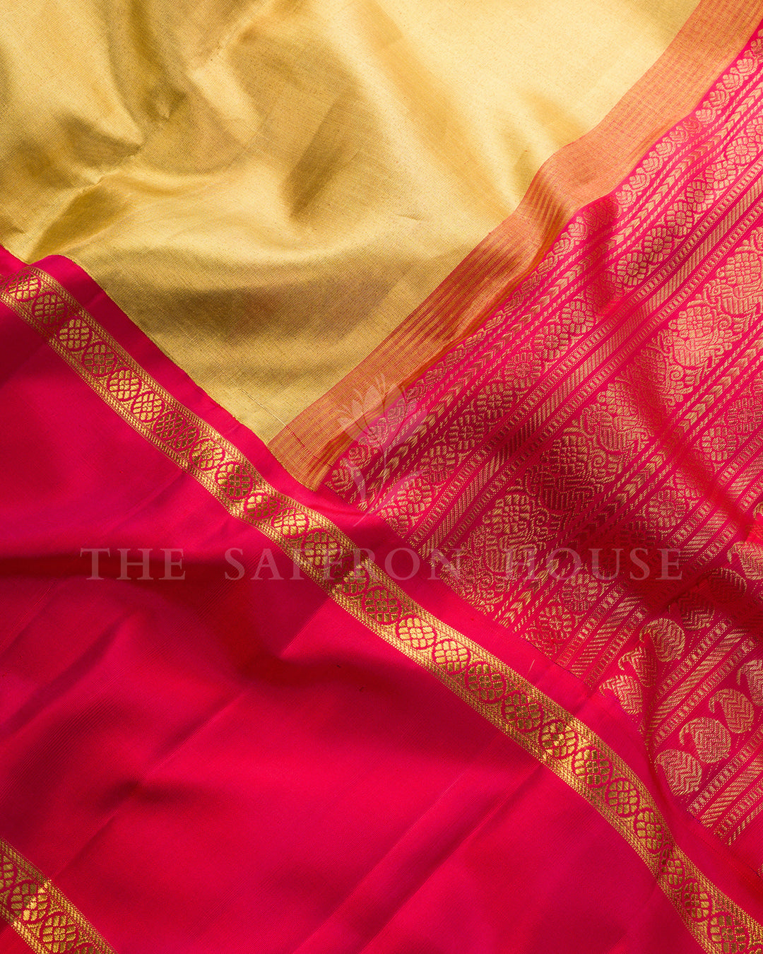 Gold Tissue Kanchivaram Silk Saree with Rani Pink Silk Border – view 4