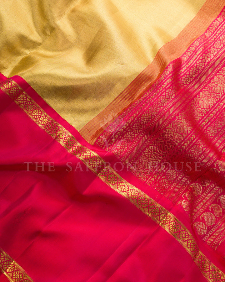 Gold Tissue Kanchivaram Silk Saree with Rani Pink Silk Border – view 4