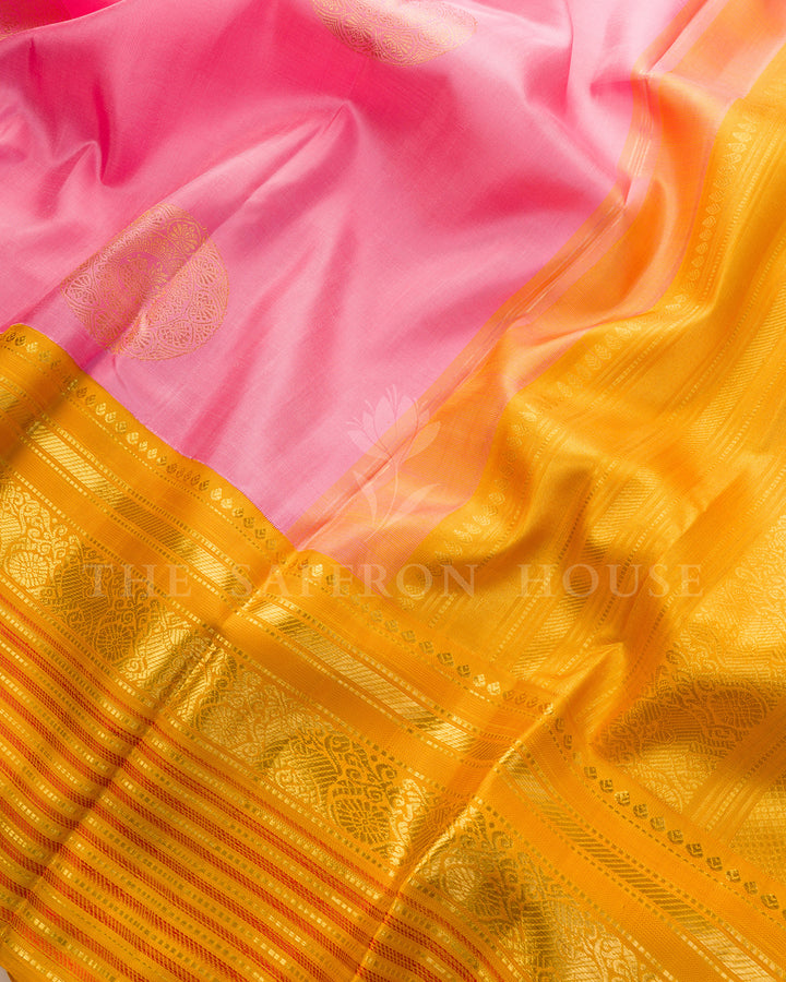 Baby Pink & Mustard Korvai Kanchivaram Silk Saree
