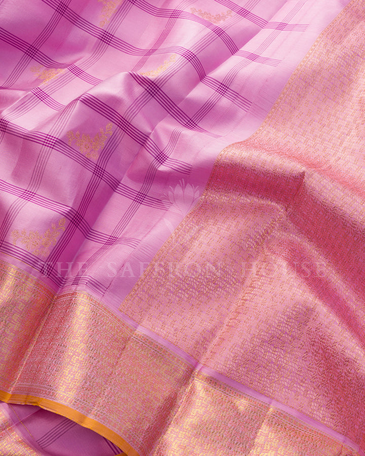 Lilac Pink Checks Kanchivaram Silk Saree