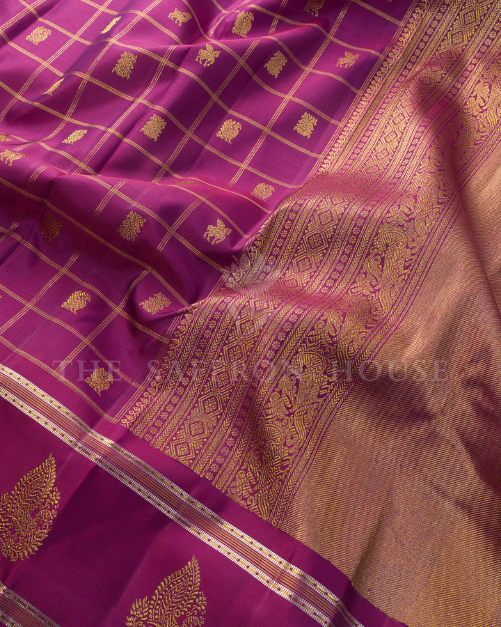 Deep Purple Checked Kanchivaram Silk Saree