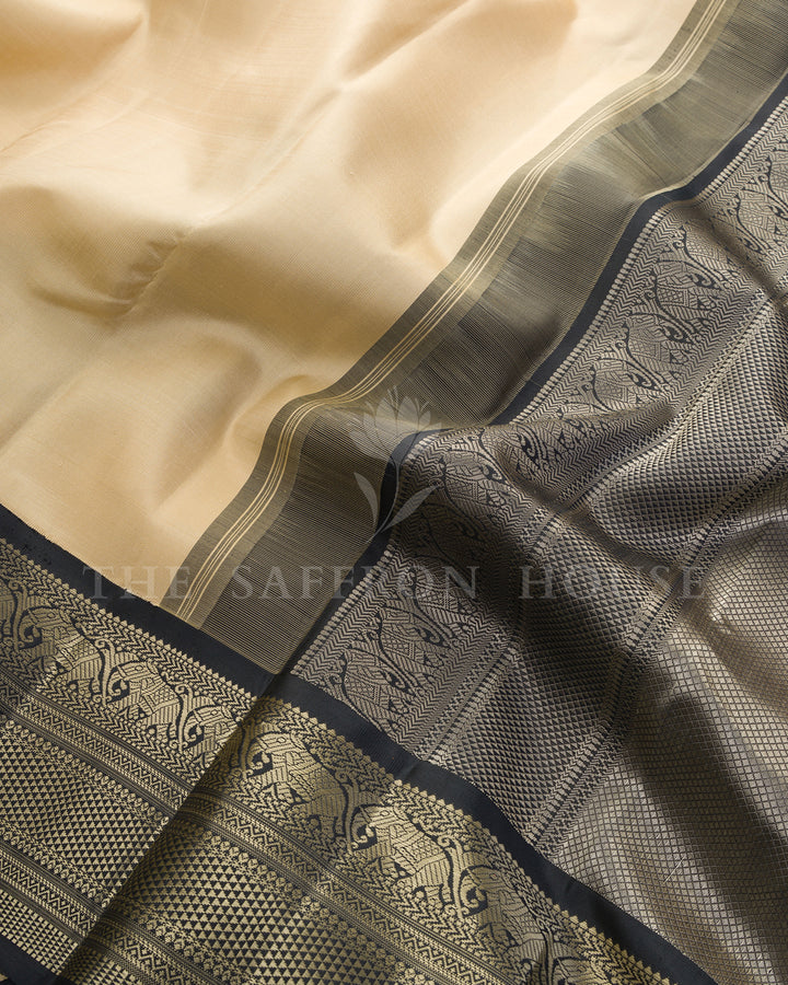 Cream & Black Thread Work Kanchivaram Silk Saree