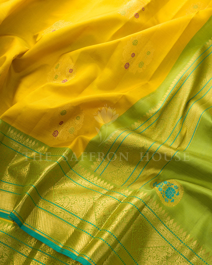 Mustard Yellow & Parrot Green Korvai Kanchivaram Silk Saree