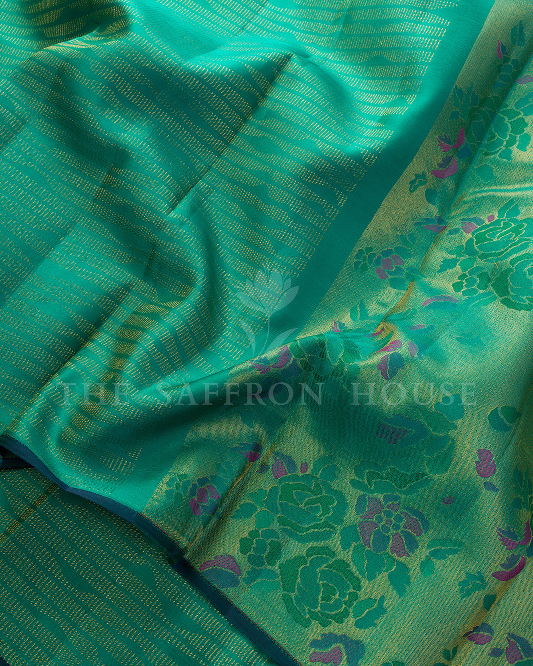 Teal Green Kanchivaram Silk Saree with Zari Wave Lines