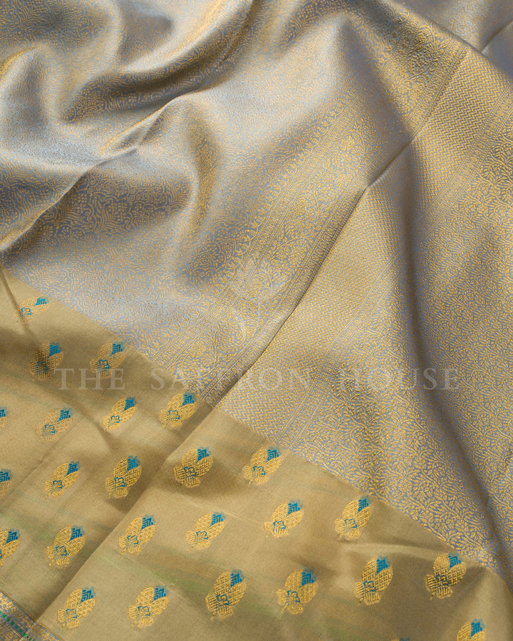 Steel Blue Kanchivaram Brocade Silk Saree with Kora Butta Panel