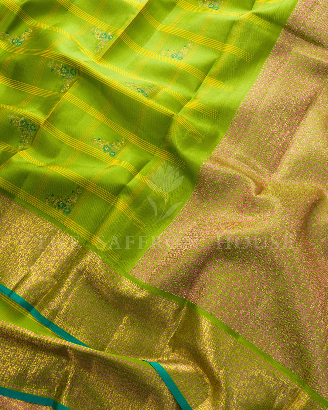 Parrot Green Kanchivaram Silk Saree with Yellow Checks