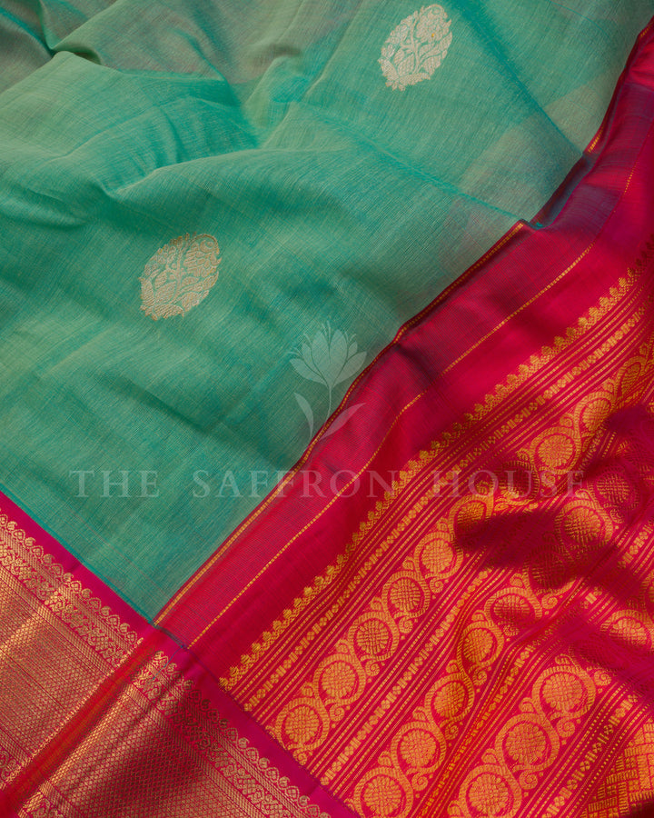 Handloom Linen Kanjivaram Silk Saree in Sea Green And Magenta Pink - TSH250208