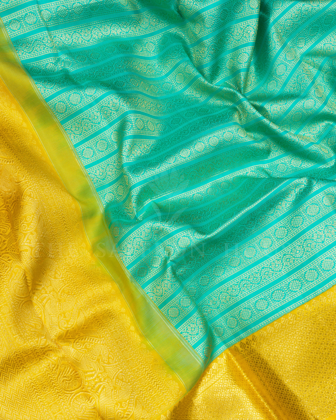 Aqua Green And Mustard Yellow Handwoven Kanjivaram Silk Saree - TSH2506040-view4