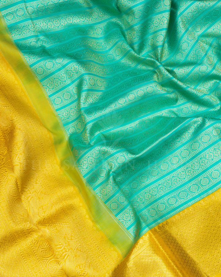 Aqua Green And Mustard Yellow Handwoven Kanjivaram Silk Saree - TSH2506040-view4