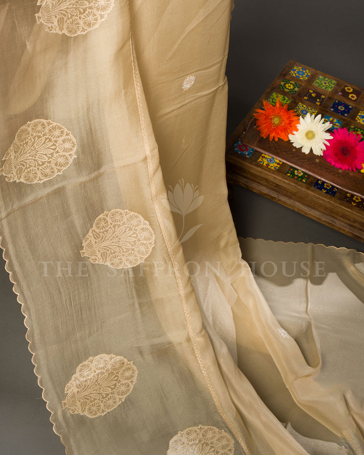 Beige Tussar Silk Saree with Self-Tone Circular Motifs & Scalloped Edge