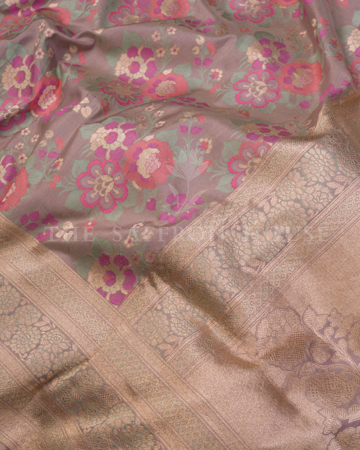 Dusty Mauve Katan Silk Banarasi Saree with Floral Kadwa Weave and Gold Zari Border