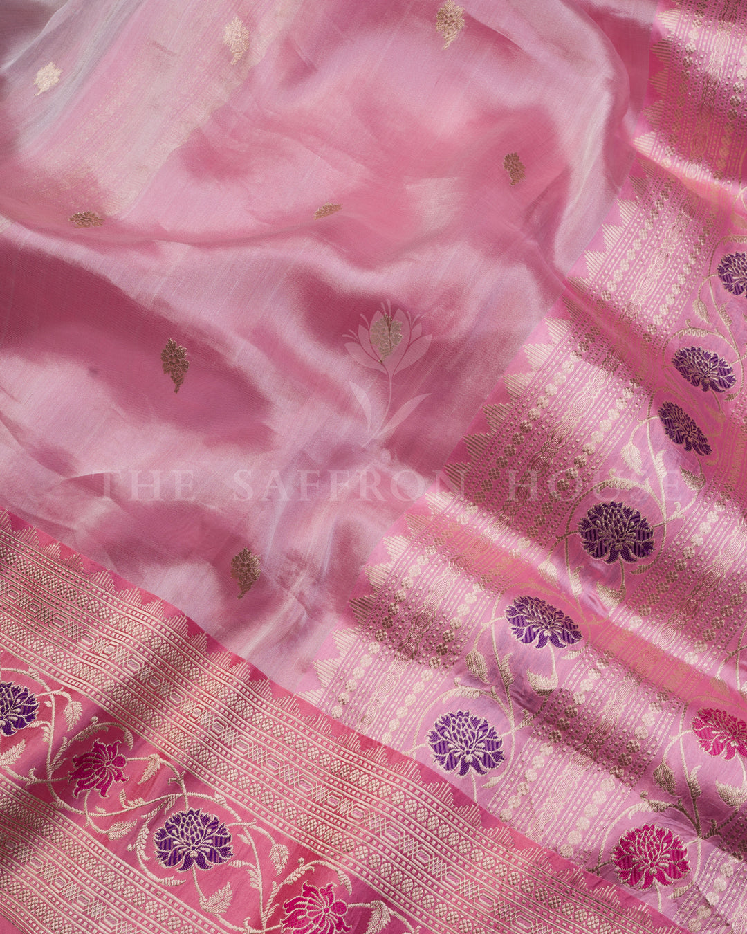 Rose Pink and Violet Floral Kora Banarasi Saree with Gold Zari