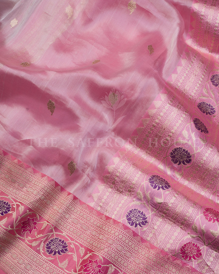 Rose Pink and Violet Floral Kora Banarasi Saree with Gold Zari