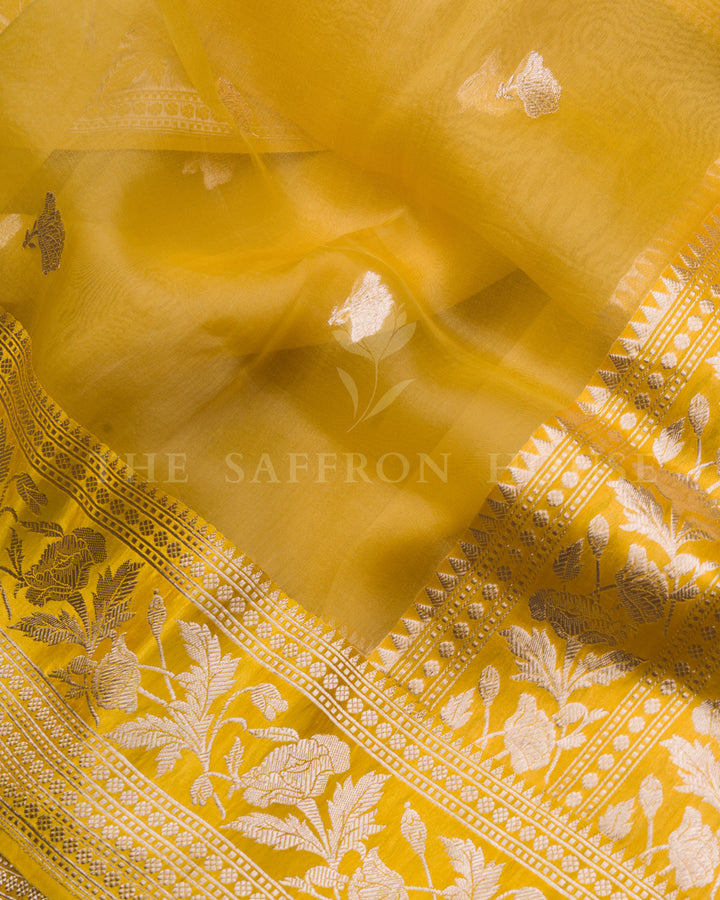 Marigold Yellow Kora Banarasi Saree with Silver Zari Floral Vines