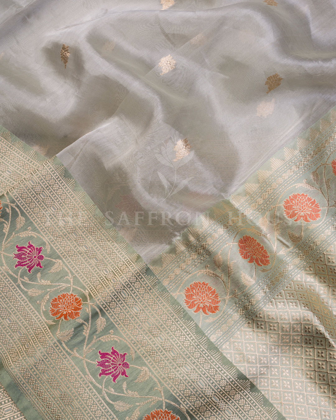 Mint Green Kora Banarasi Saree with Peach and Magenta Floral Zari Border