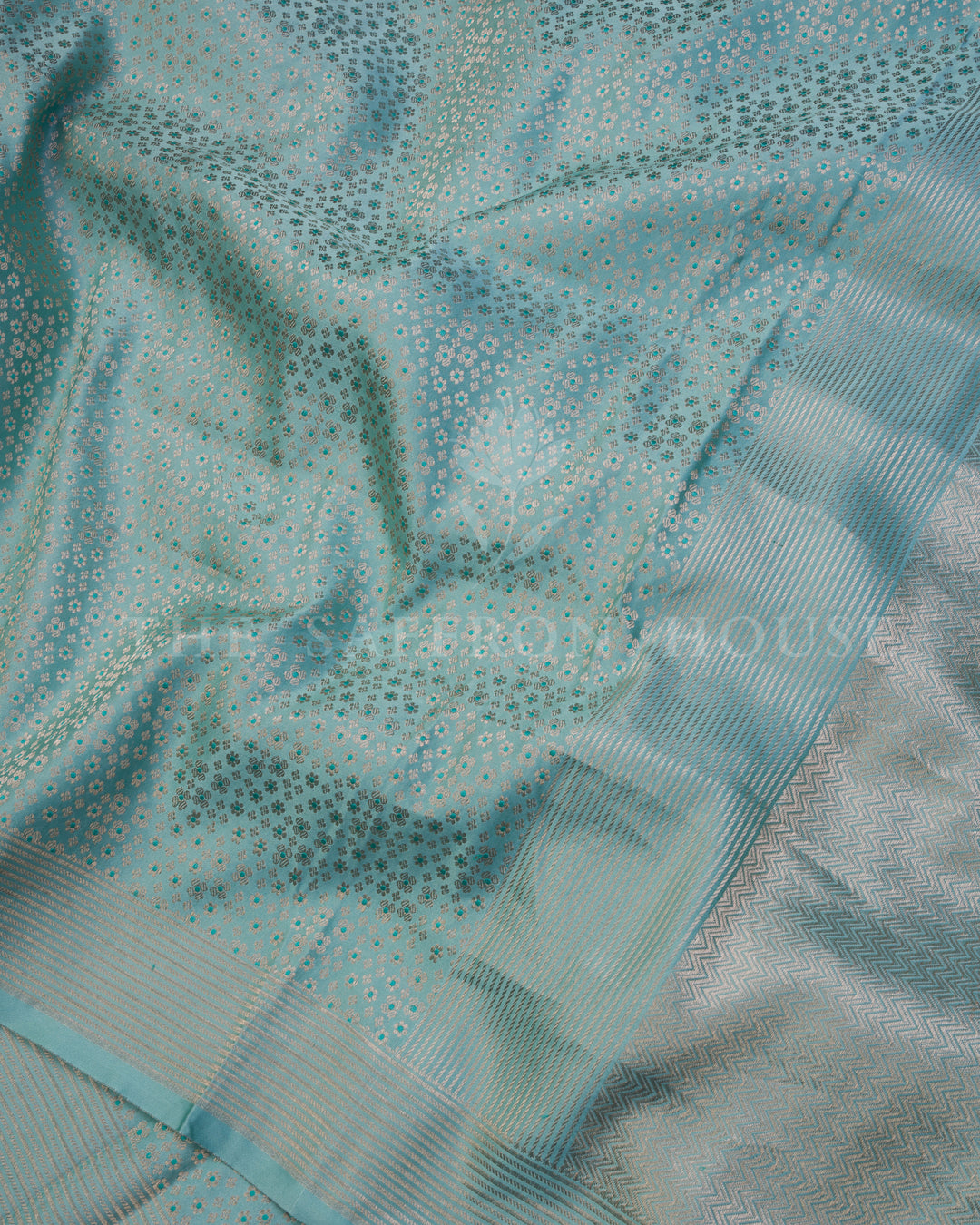 Aqua Blue Mashru Banarasi Saree with Zari Butis and Chevron Pallu
