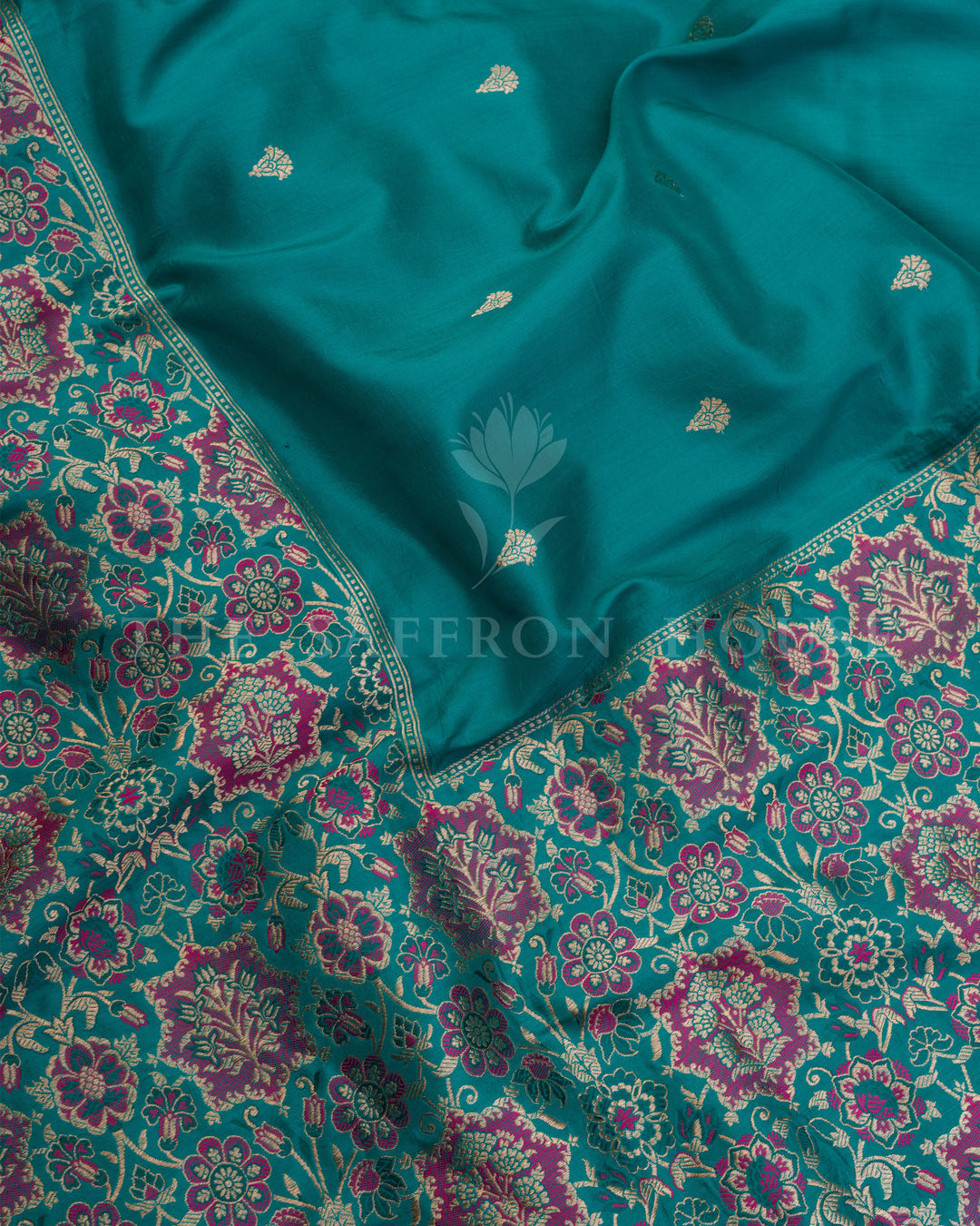 Teal Banarasi Tussar Georgette Saree with Rani Pink Zari Floral Jaal