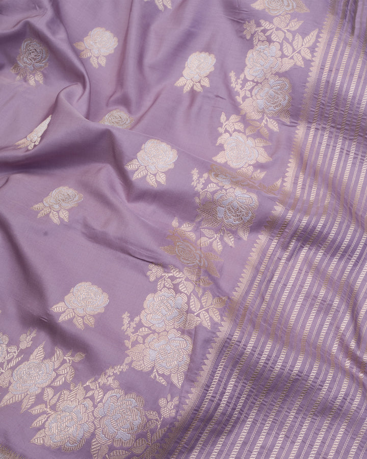 Lavender Mashru Banarasi Saree with Rose Gold Butis and Floral Zari Border