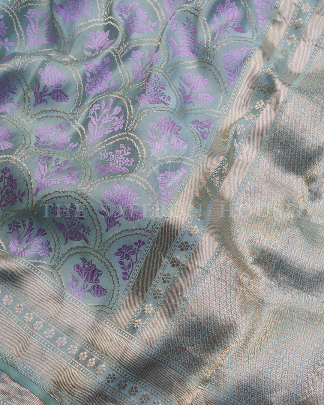 Icy Blue Mashru Banarasi Saree with Lilac Zari Floral Medallions