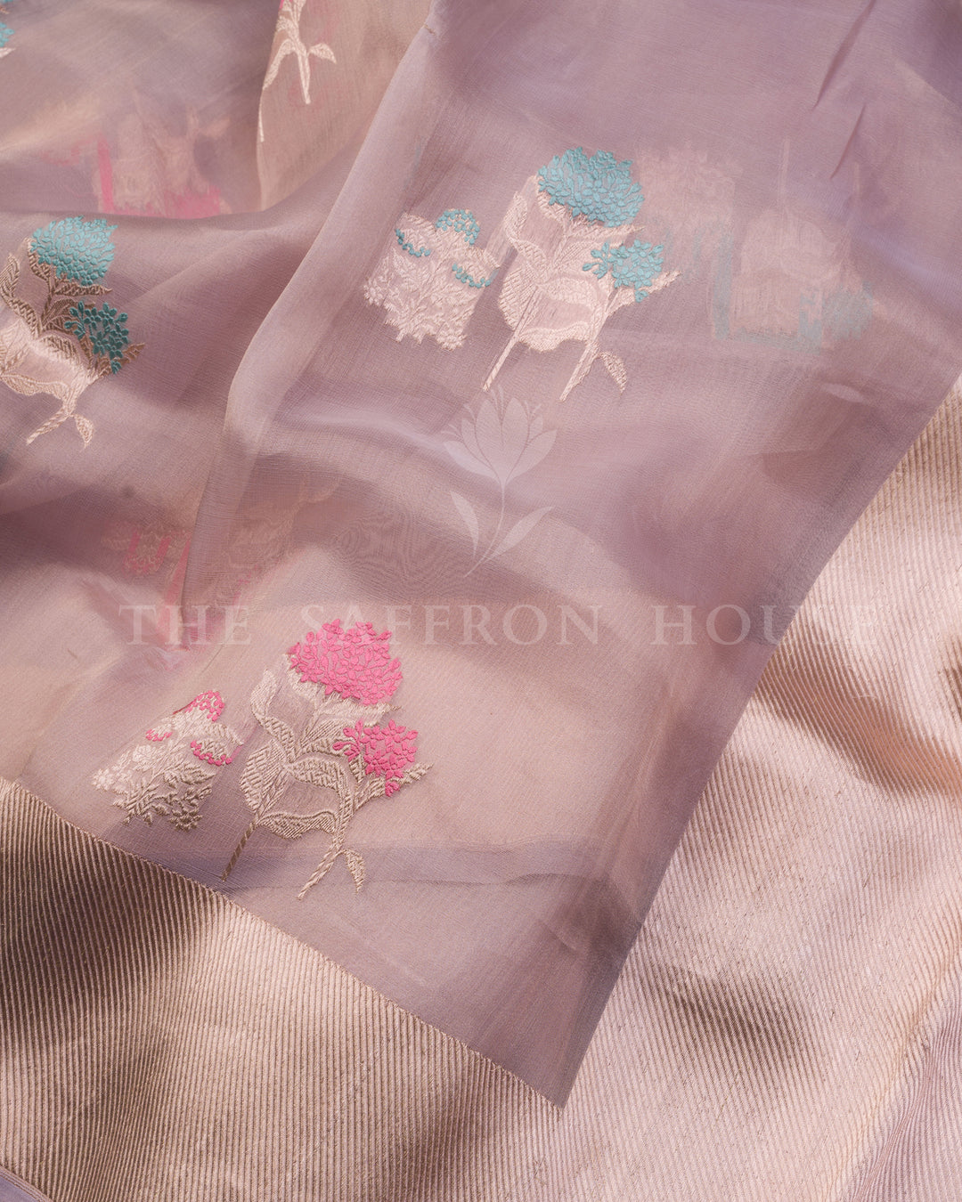 Pastel Lilac Kora Banarasi Saree with Multicolor Floral motifs and Zari Border