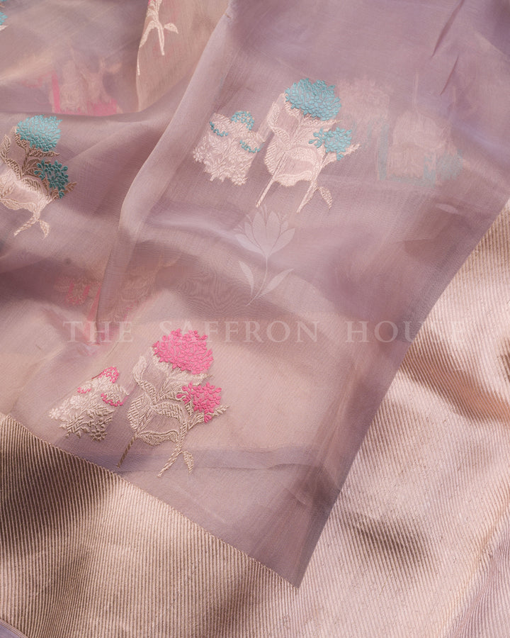 Pastel Lilac Kora Banarasi Saree with Multicolor Floral motifs and Zari Border