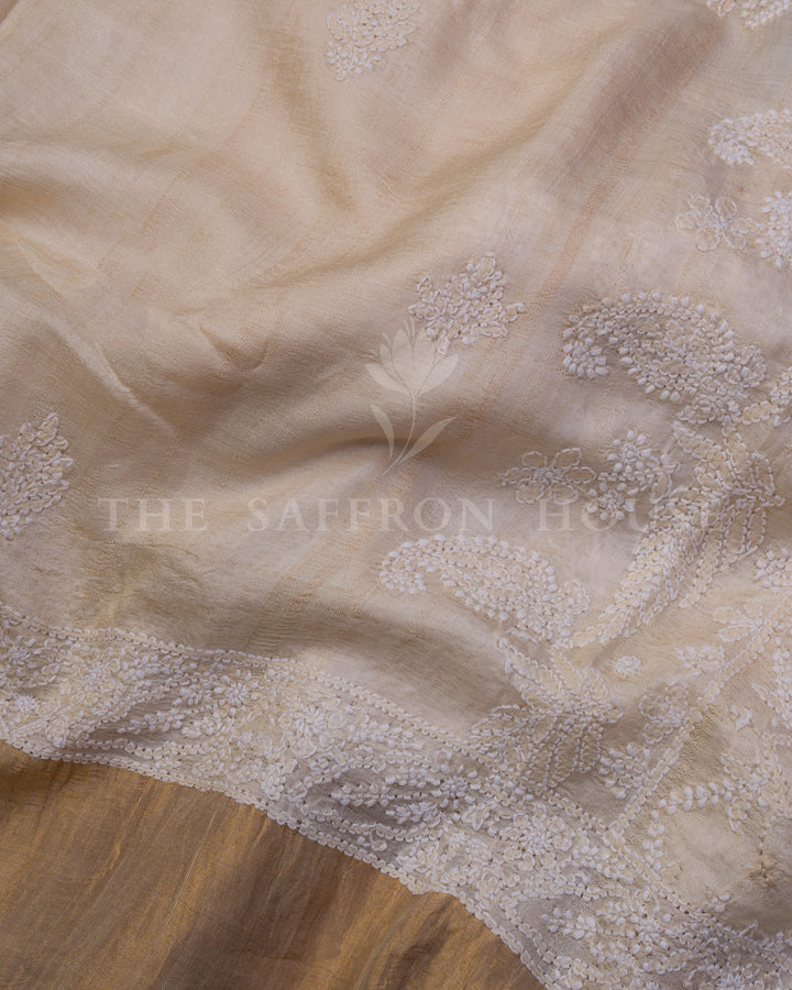Beige Tussar Silk Chikankari Saree with Hand-Embroidered Paisley Motifs - TSH250532