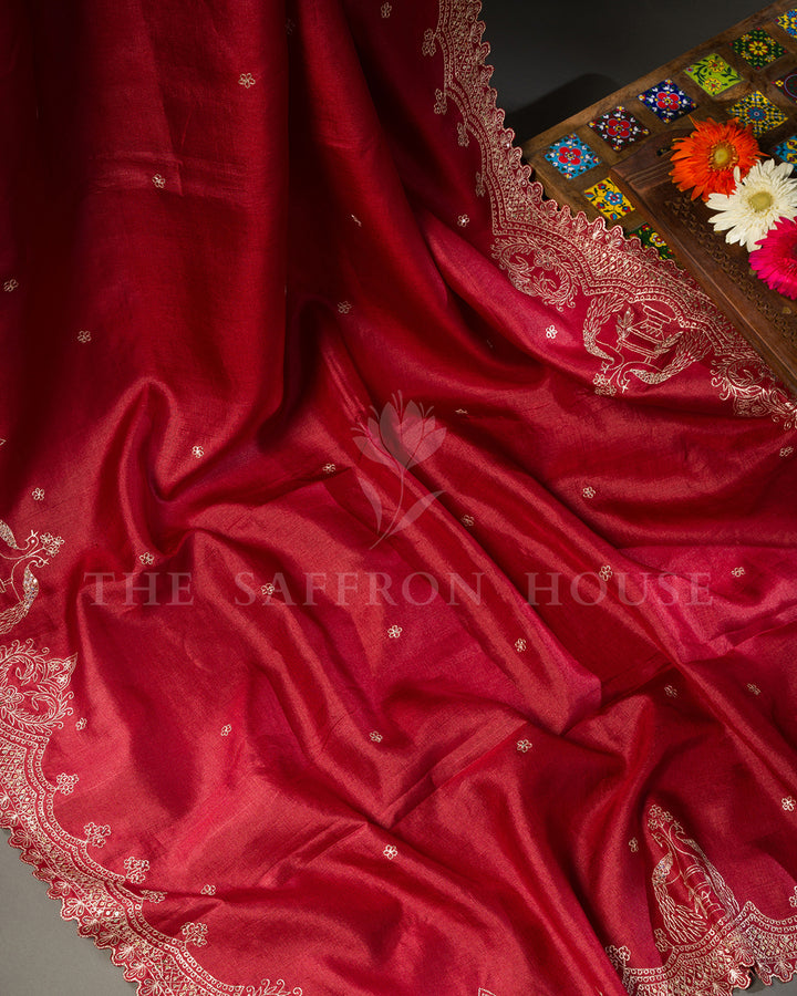 Deep Red Tussar Silk Saree with Hand-Embroidered Peacock Motifs