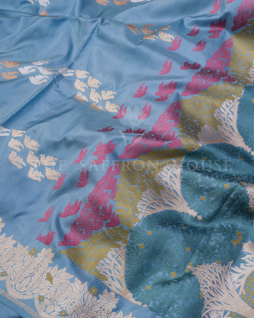 Sky Blue Katan Meenakari Banarasi Saree with Flying Bird Motifs and Jungle Border