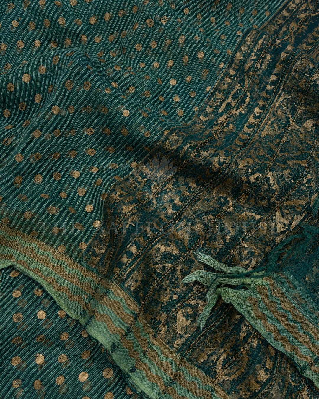 Sea Blue Handwoven Tussar Organza Saree With Golden Zari Stripes - TSH2506078-view4